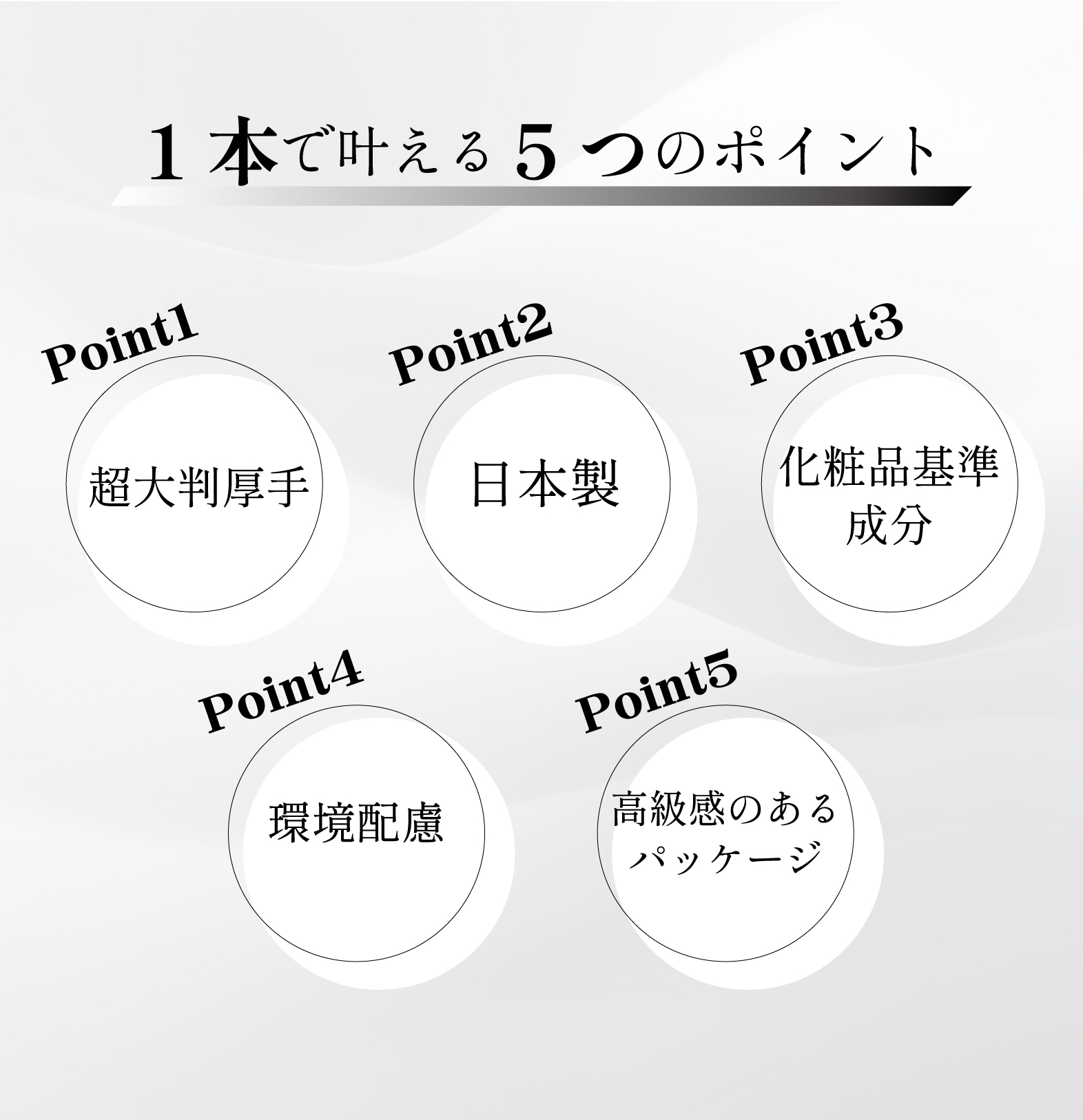 １本で叶える5つのポイント。超大判、日本製、化粧品基準成分、環境配慮、高級感のあるパッケージ